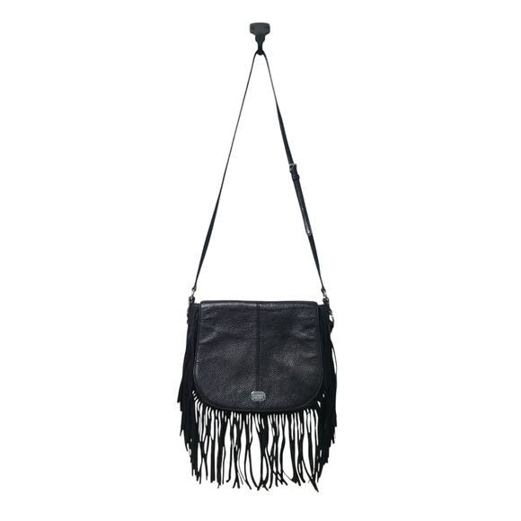 Lauren Ralph Lauren Pebble Leather Saddle Fringe Crossbody Bag Black GUC Flap - Picture 3 of 9